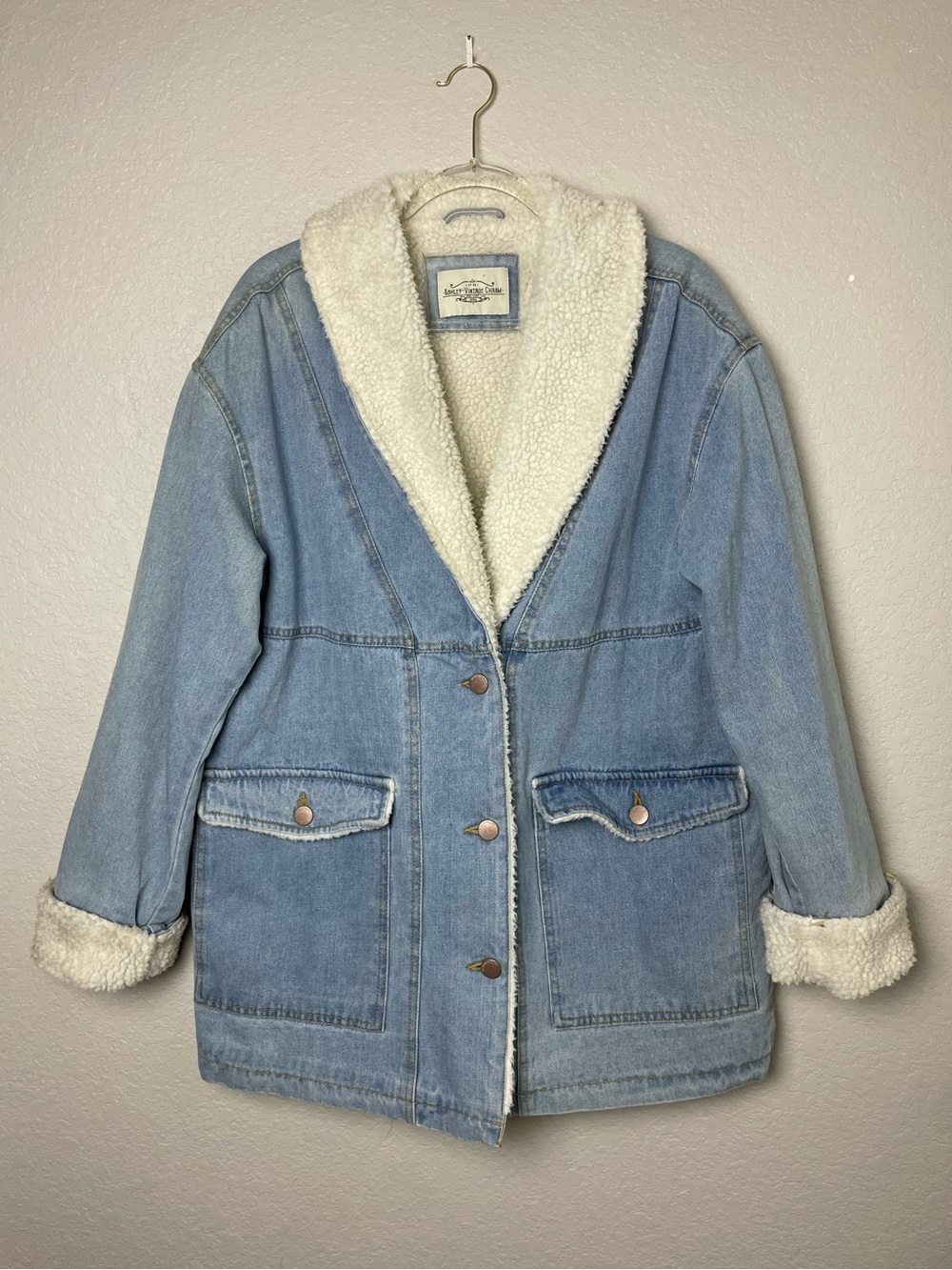 Ashley Vintage Charm HEAVY Sherpa-Lined Light Blue Denim Jacket Size L